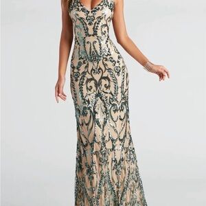 Windsor Nude Maxi Dress with Teal Sequin Embroidery